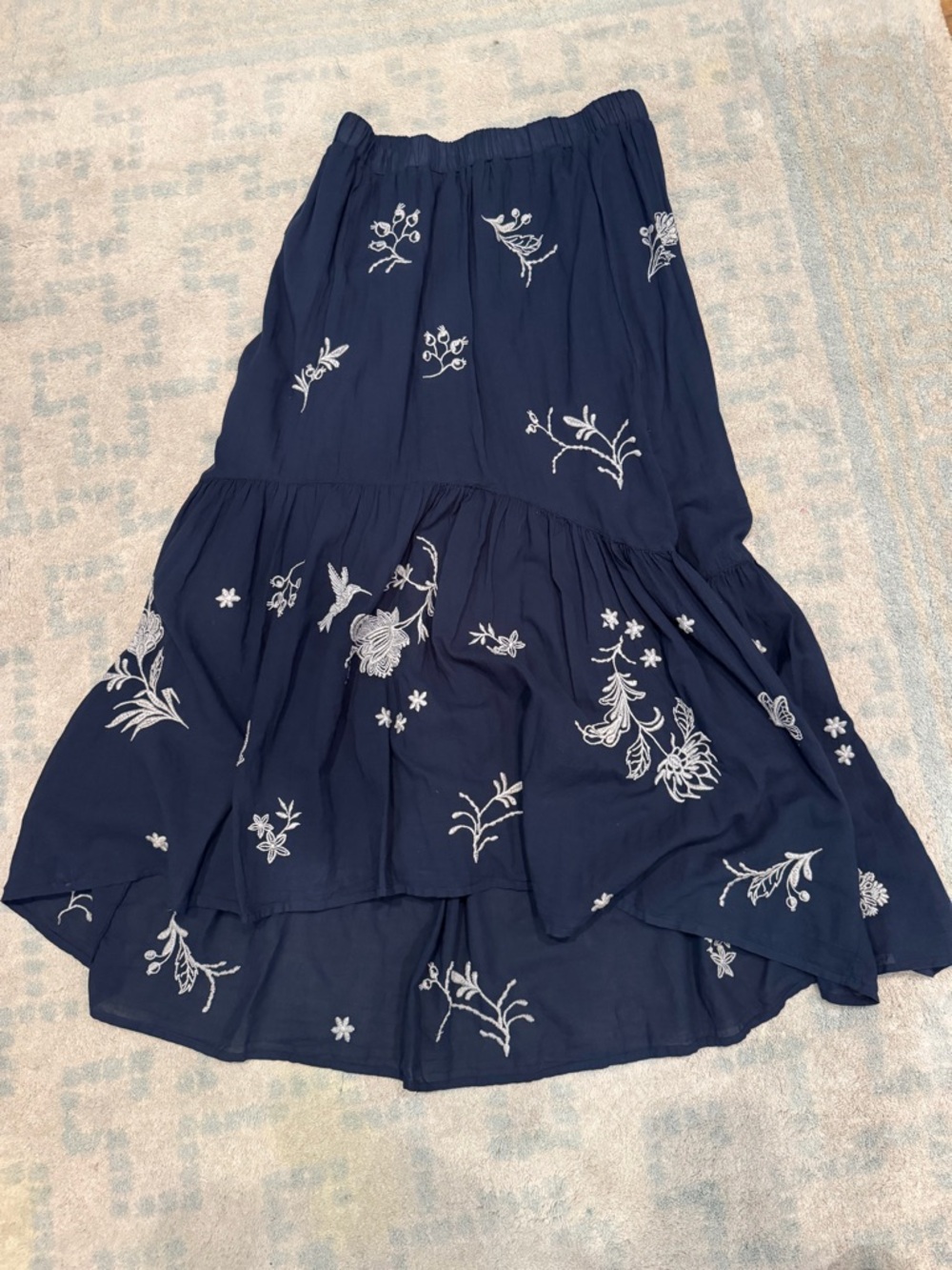 Johnny Was Navy Maxi Skirt with White Floral Embroidery